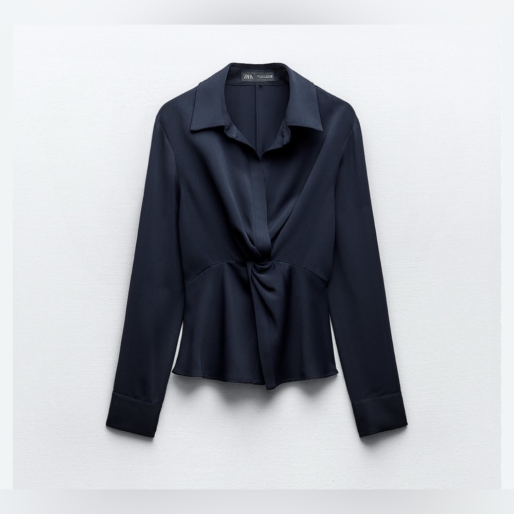 Zara Women's Navy Front Knot Satin Blouse